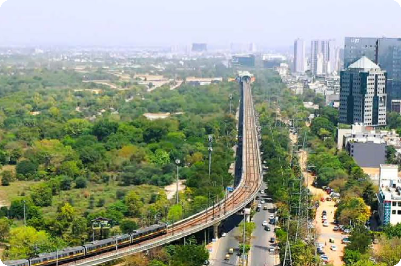 Environment - Sustainable mobility with elevated train track and green city